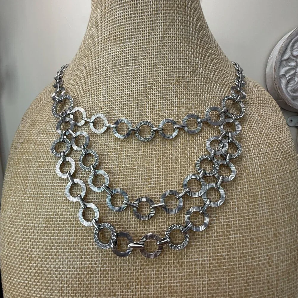 Loft Three-Layer Silver-Tone Necklace With Circular Links‎ & Rhinestone Accents